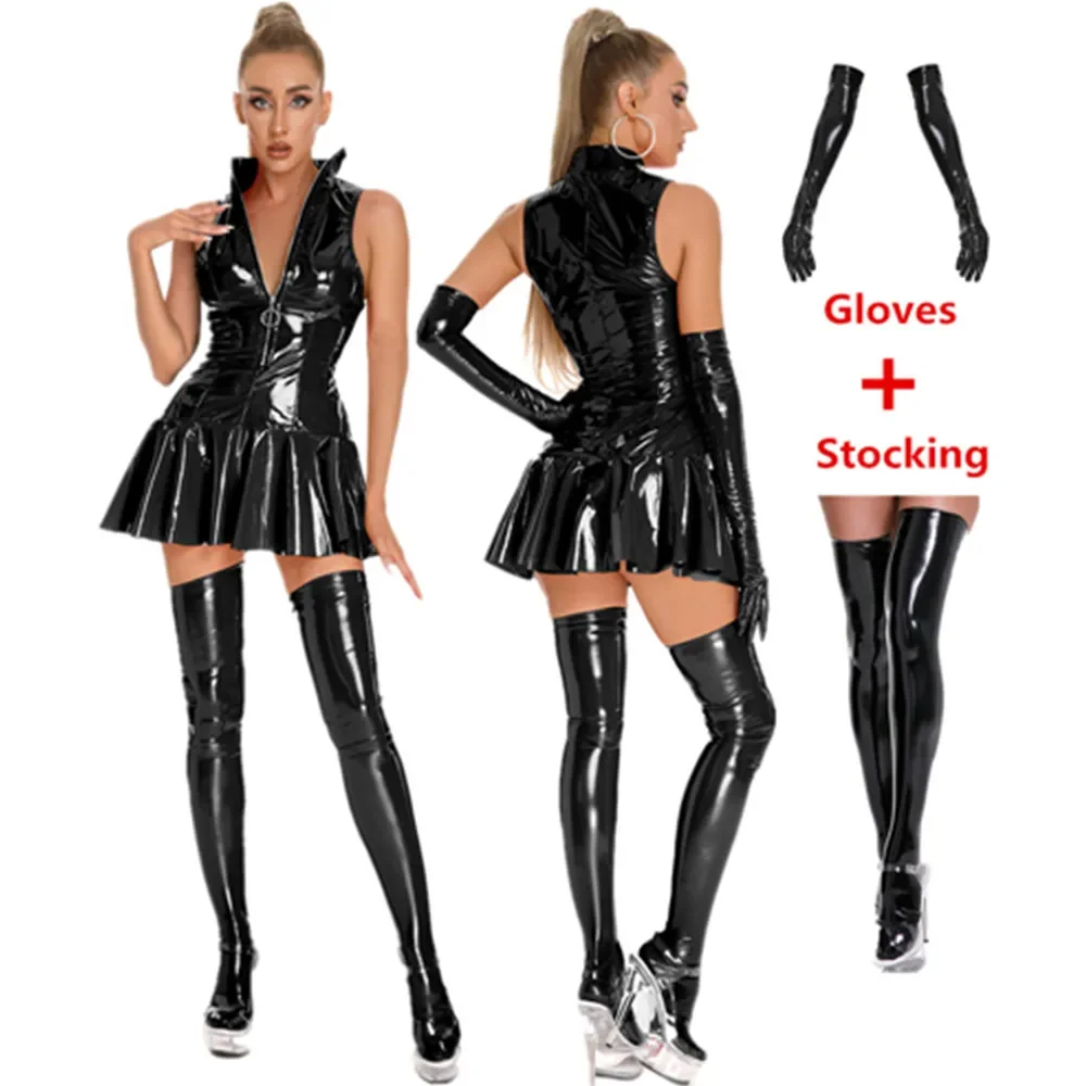 Women's Exotic Leather Dress Wet Look Sexy Bodycon Pleated Latex Dress High Collar Sleeveless Bottom Flare Mini Dresses