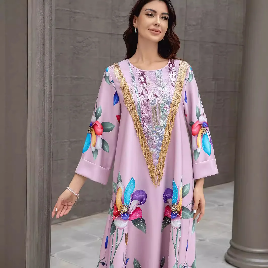 

Sw0831 New Women's Applique Print Long Robe Dress Linen 2026 Muslim Long Dress Robe Abaya Ramadan Dubai Luxury Islam Elegant