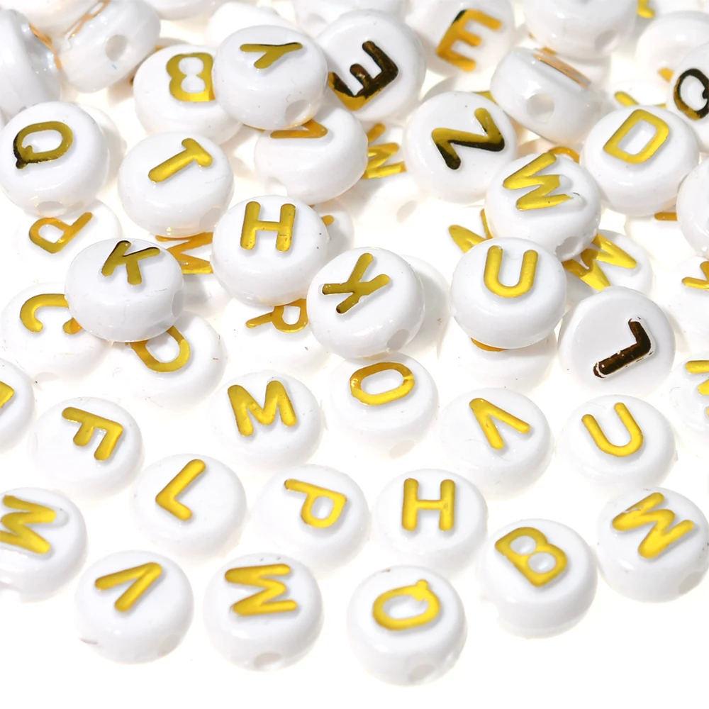 10mm White Round Mixed Letter Acrylic Beads Gold Color Flat Alphabet Loose Beads for Jewelry Making Supplies Diy Accessories