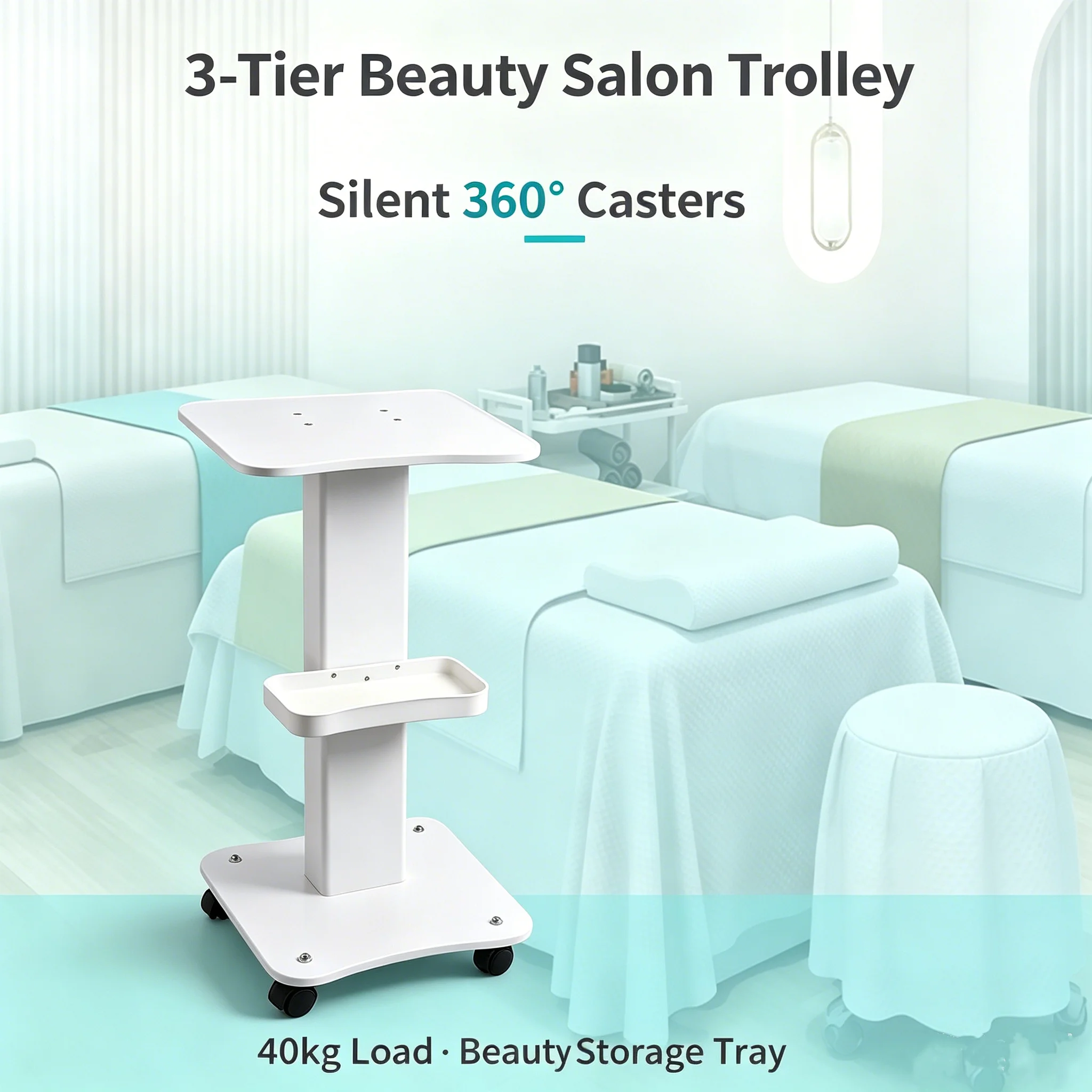 Chariot de Salon de Beauté Professionnel à Roulettes, Support pour Instruments de Beauté avec Roues Universelles, Charge 40kg, Chariot de Rangement pour Spa, Salon, Clinique, Équipement Domestique