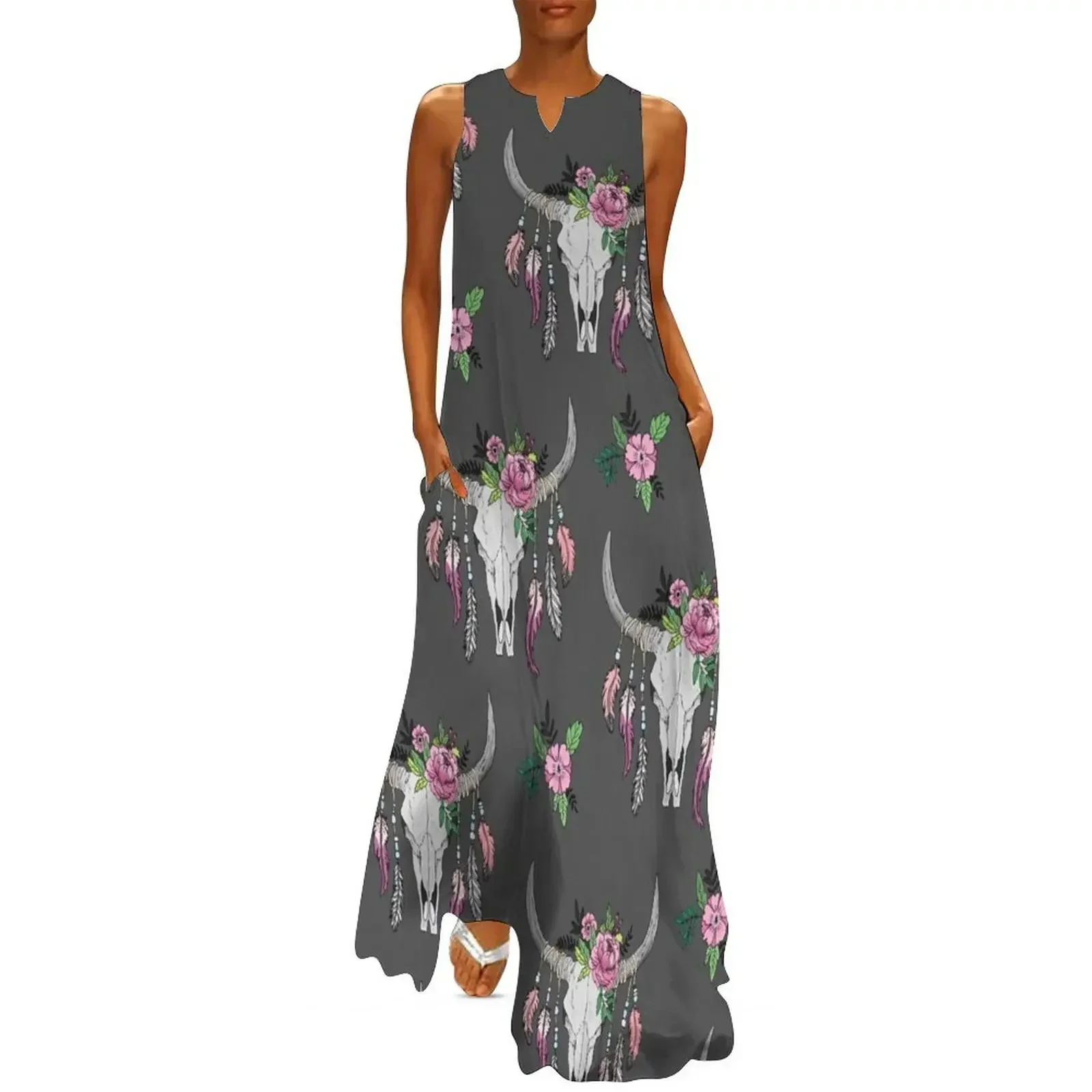 

Flower and feather skull art pattern Long Dress prom dresses dresses for woman cocktail dresses Dress