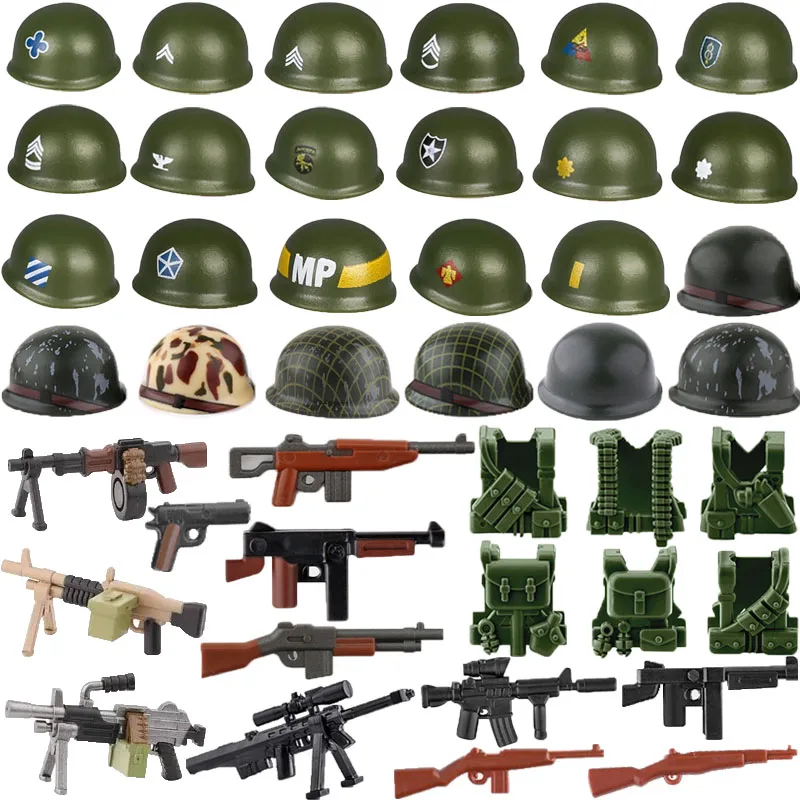 Military Building Blocks Solider Figures Toys Gifts Weapons Equipment Accessories USA Guns Printed Helmets Vests Mini Bricks MOC