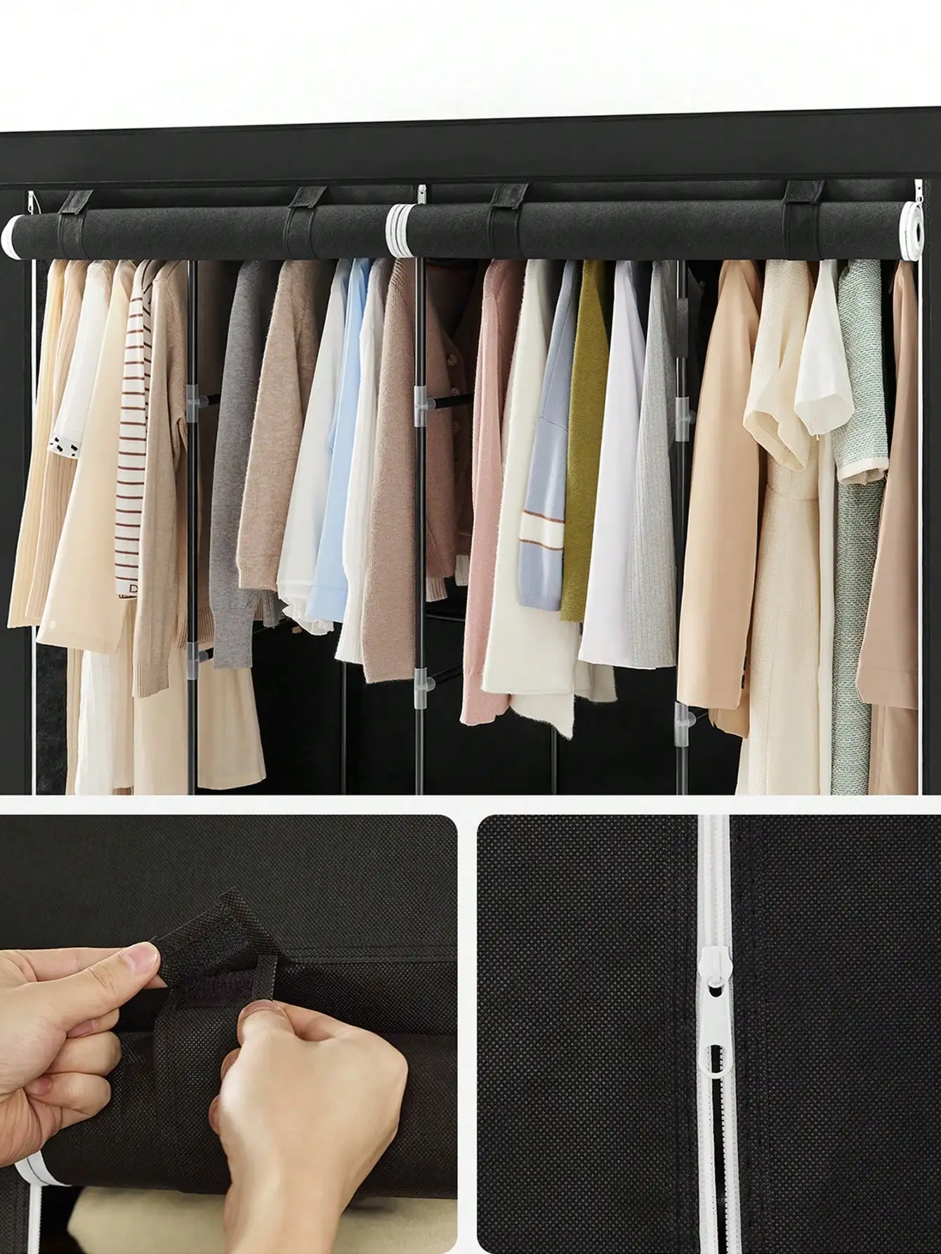 SONGMICS Portable Clothes Wardrobe:130x45x167cm,Cover,3 Hanging Rails,Shelves,4 Side Pockets,Large Capacity,Black,Bedroom