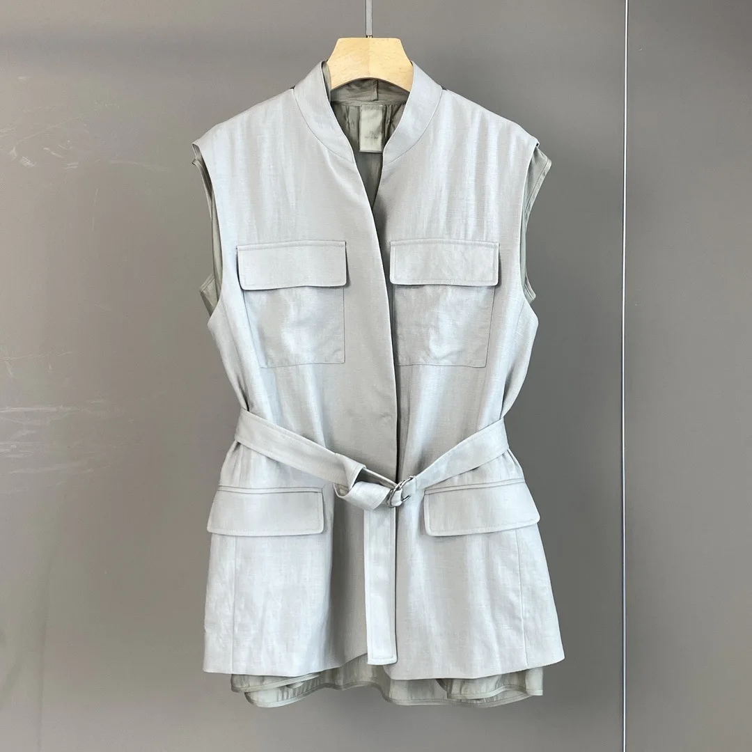 

2025 ранняя осень, новая мода, универсальный льняной жилет без рукавов с v-образным вырезом и поясом, вязаный топ для женщин