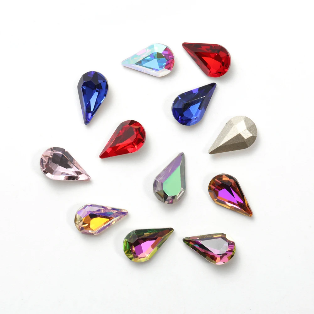 8x13mm Pear Drop Rhinestones Glitter Blue Red Glass Crystal Strass Pointback Glue on Nails Supplies Jewelry Making Accessories