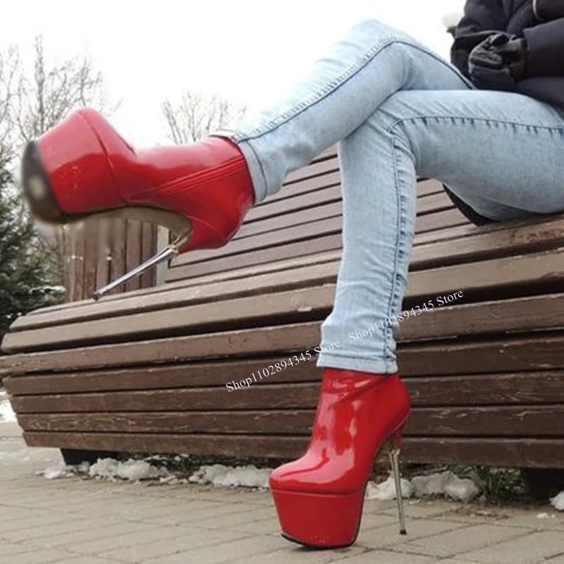 Stivali poco profondi in pelle verniciata rossa piattaforma sottile con tacco alto alla moda Sexy Cool inverno scarpe da donna di grandi dimensioni