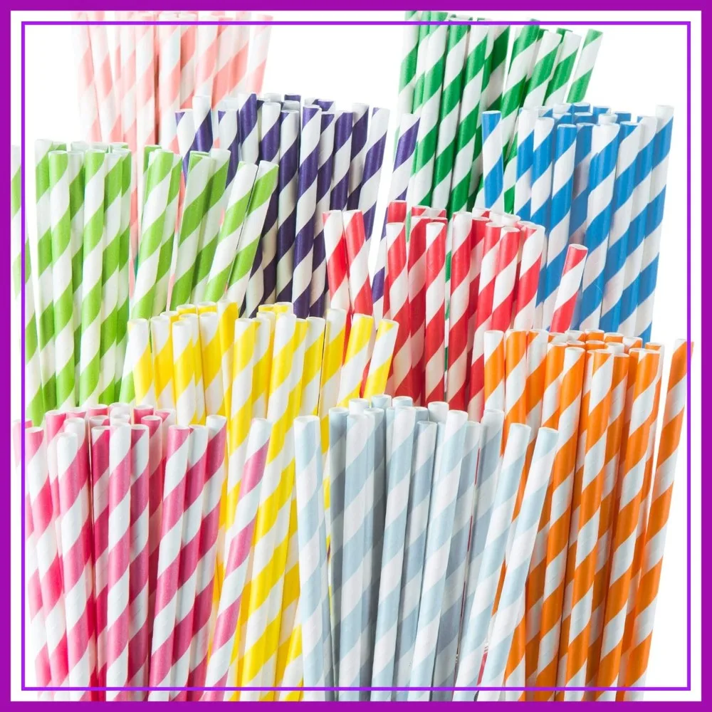 

200 Pack Disposable Paper Straws - Durable & Non-Soggy Striped Straws for Drinking, 10 Colors - Biodegradable & Eco-Friendly for Parties, Events, Crafts & Everyday Use