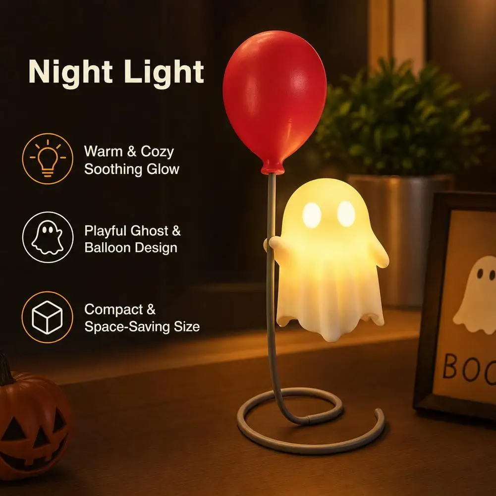 Ghost Night Light, Halloween LED Ghost Ornament with Balloon Design,Cordless Mini Desk Lamp, Cozy Room Decoration Gift for kids