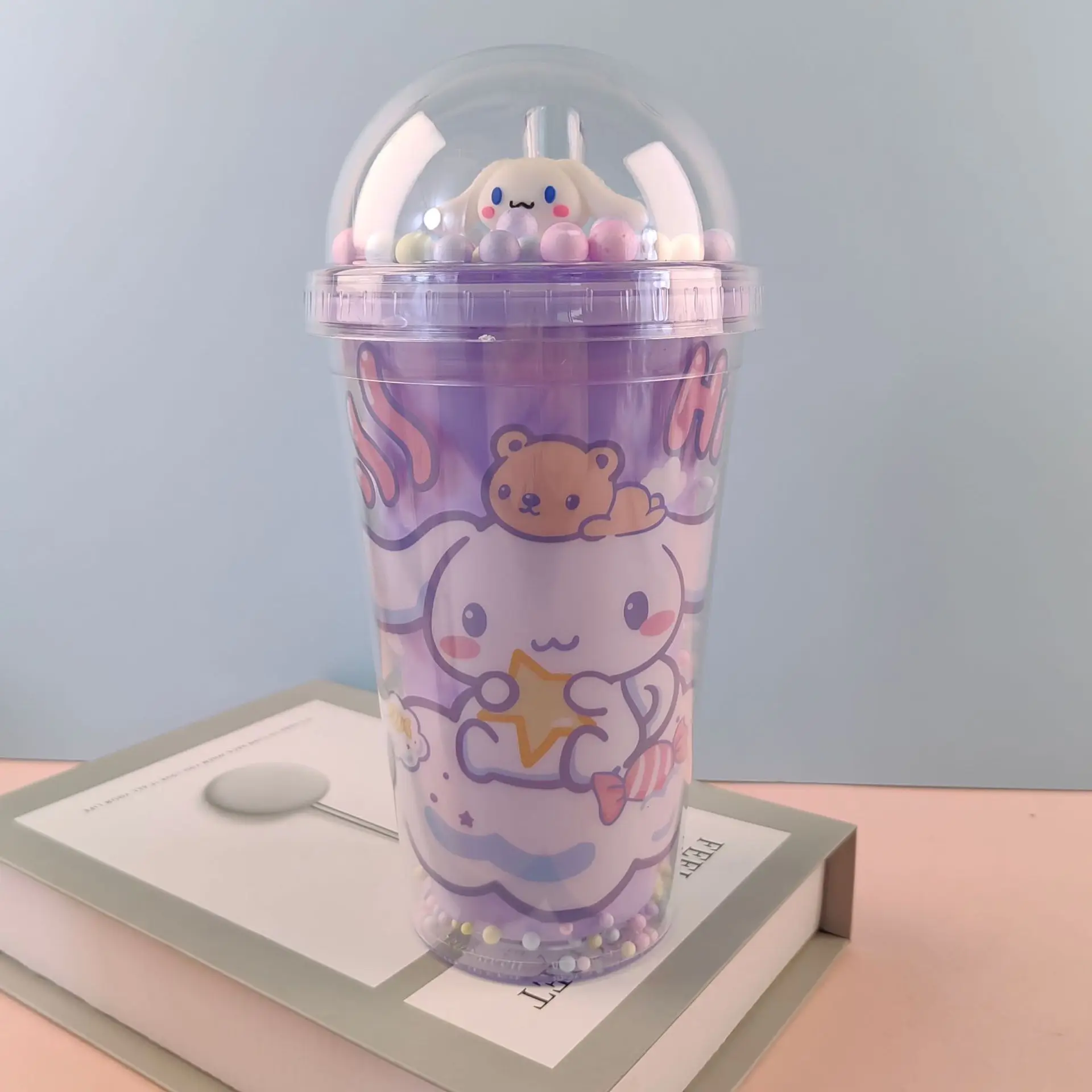 New Anime Sanrio Hello Kitty Cinnamoroll Melod Kuromi Water Cup Double-Layer Plastic Cup Portable Sport Mug Straw Water Cup Gift