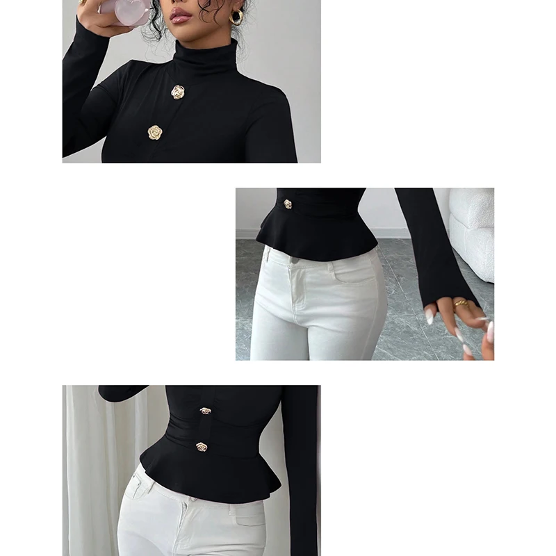 2026,أوروبية، ملابس، خريف، شتاء، تي شيرت، موضة، مثير، الياقة المدورة، روز، زر، ثنيات، كشكشة، نساء، بلايز، كم طويل، تي شيرت، 512009 #6