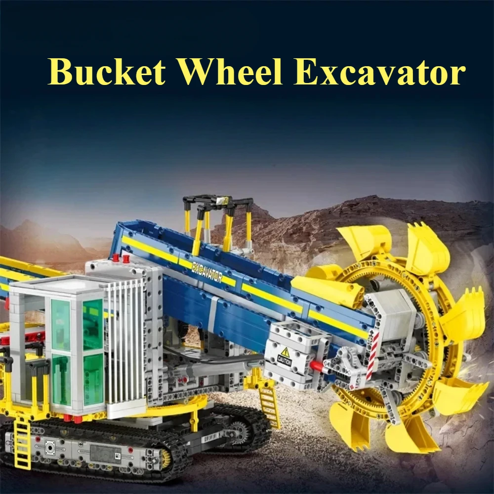 Excavadora con rueda de cubo, bloques de construcción, unidad de potencia, ingeniería, ciudad, excavadora, modelo de ladrillos, montaje de regalos de cumpleaños, juguetes para chico