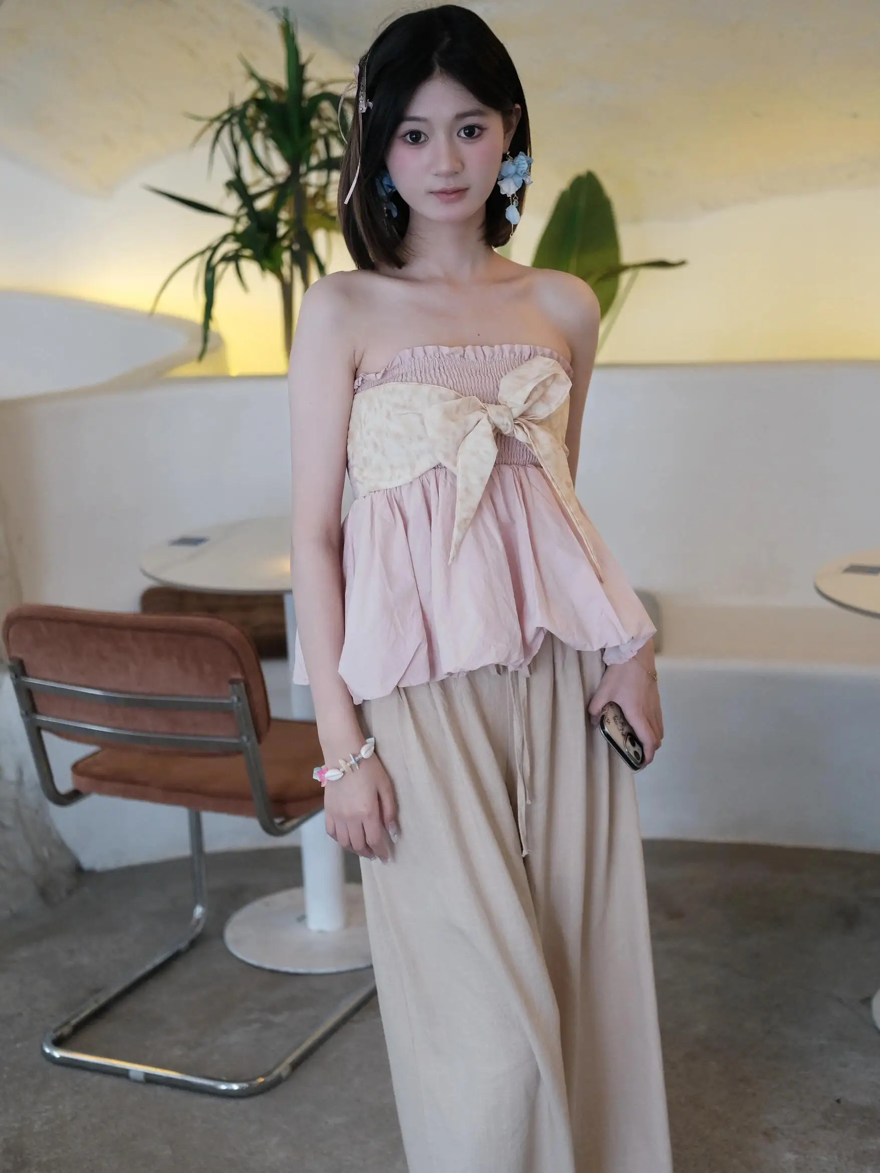 

Summer Knot Splice Tube Top Women's Sleeveless Outfit Slimming Sweet And Spicy Color Block Top And Pants Set