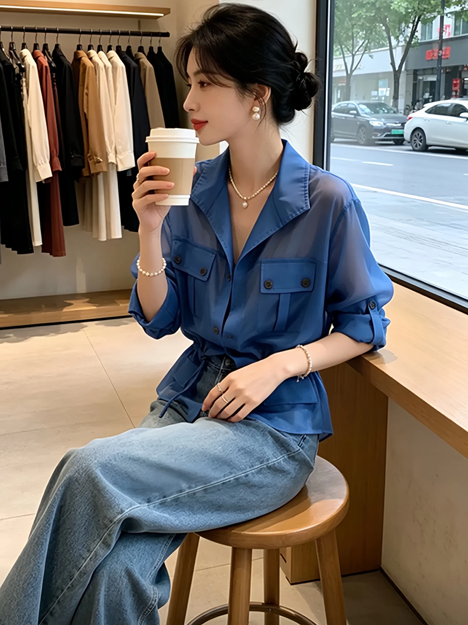 Elegant Blue Thin Micro-Transparent Casual Shirt Women's Fashion Summer New Style Slim Fit Top Comfortable Breathable Shirt