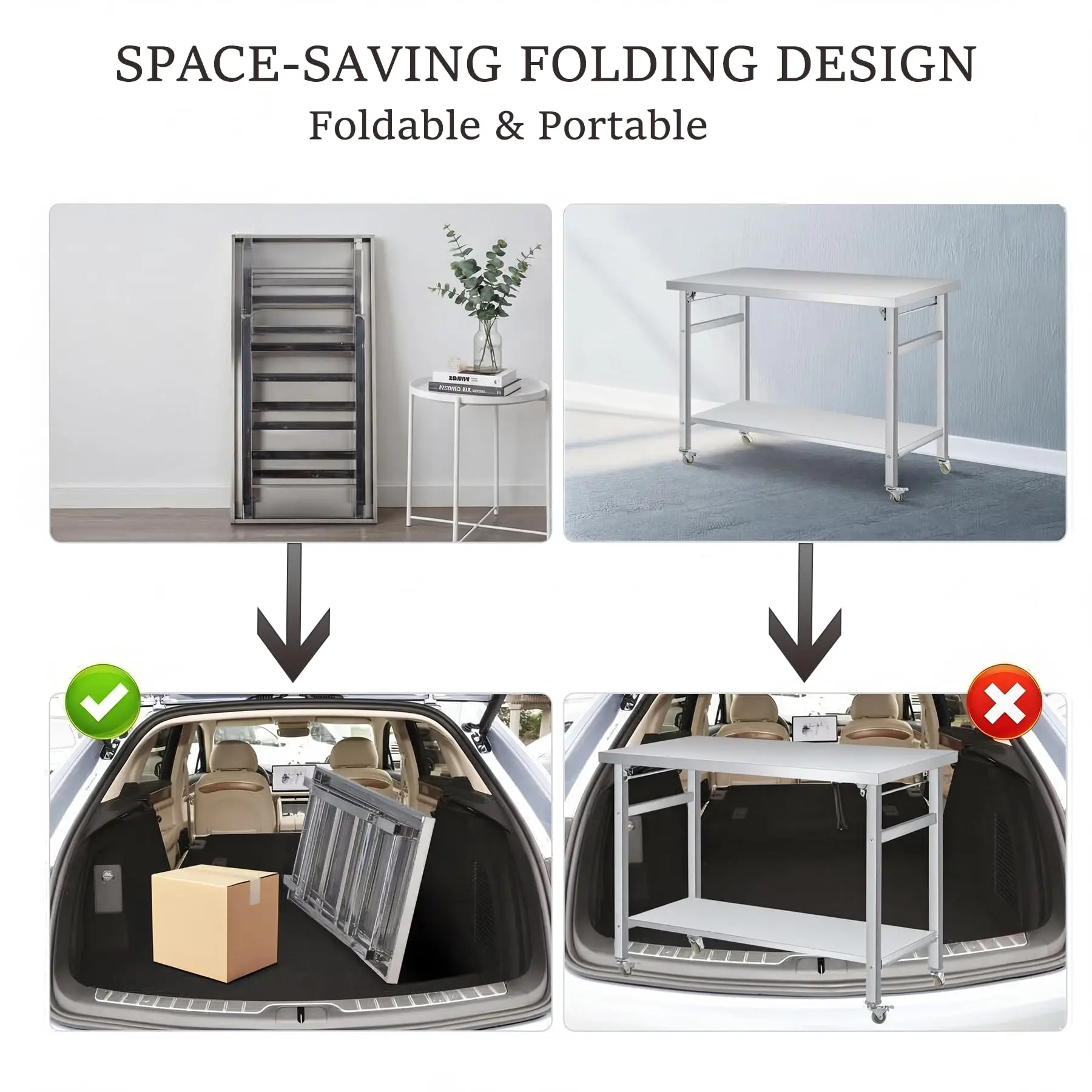 Stainless Steel Folding Prep Table, Heavy Duty Commercial Work Table with Adjustable Undershelf for Restaurant, Kitchen, Food Service, Space-Saving, No Installation Required