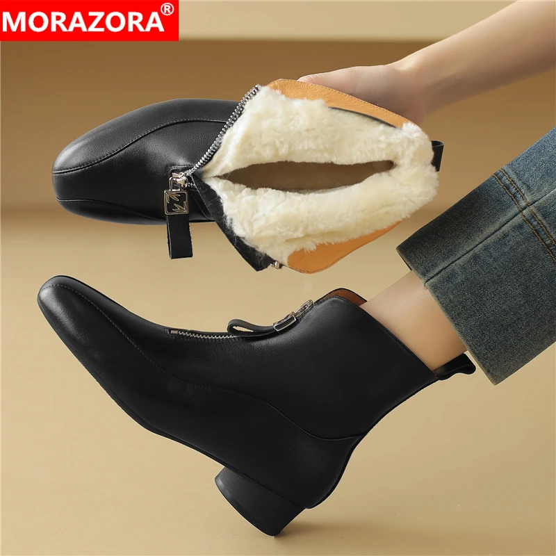 

MORAZORA Genuine Leather Boots Women Zipper Thick Fur Warm Winter Boots Fashion Ladies Short Snow Boots Ladies Shoes
