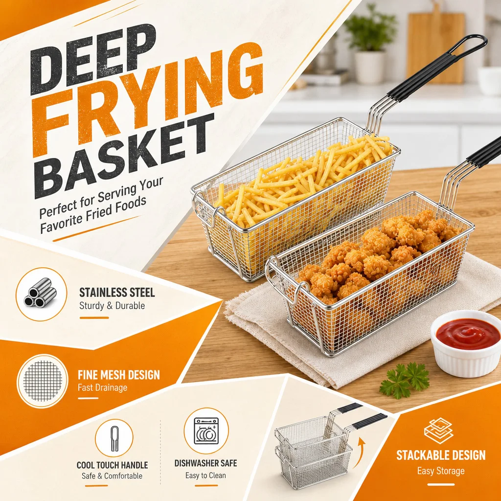 

Stainless Steel Square Frying Basket Hangable Mesh Net Large Capacity Oil Drain Rack for Fried Chicken Chips French Fries Kitche