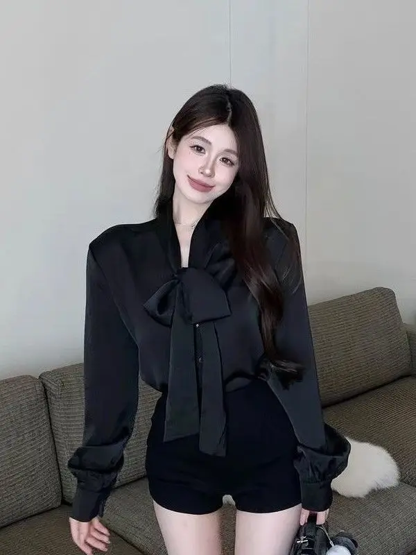 Ele Chiffon Long Sve da donna irt Primavera Autunno Design con nodo bianco Top delicato e vestibilità ampia