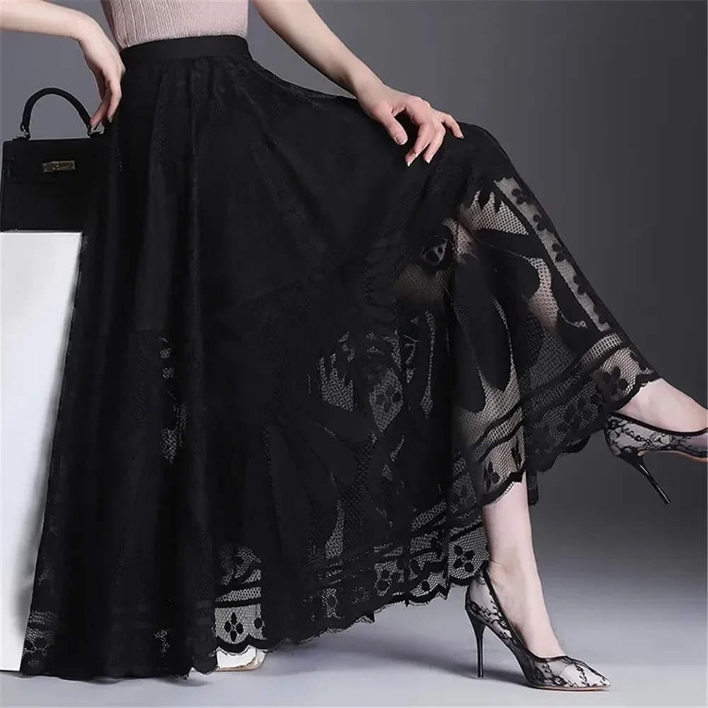 High Waist Lace Skirt Women'S New A-Word Black Long Skirt Office Ladies Big Swing Gauze Hollow Pleated Skirt Streetwear A213