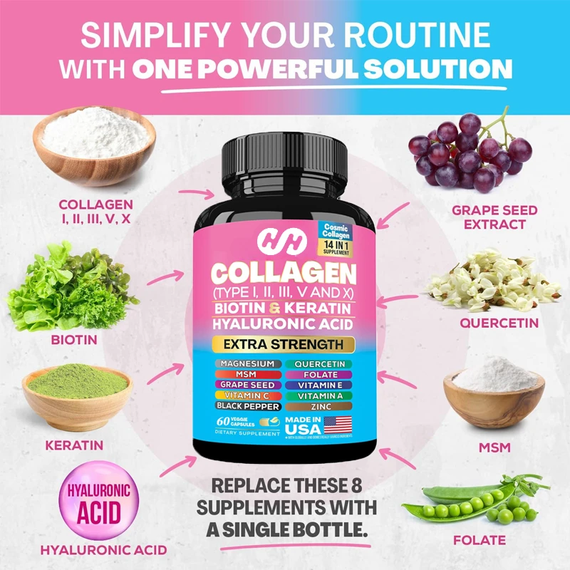 Collagen Capsules Type I, II, III, V and X Vitamin A C E Zinc Magnesium Folate with Grape Seed Extract, Quercetin (60 Capsules)