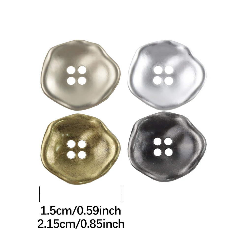 10pcs Retro Concave 4-Hole Metal Buttons for Jackets/Suits, 15/21.5mm, 4 Colors, Irregular Shape Vintage Decorative Buttons