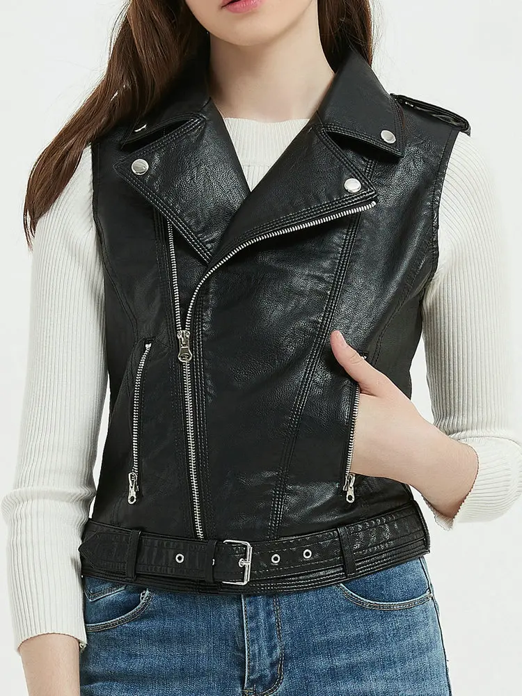 2023 New Women Motorcycle PU Faux Leather Sleeveless Jackets Lady Plus Size 5XL Belt Zippers Vest Pockets Waistcoats Streetwear