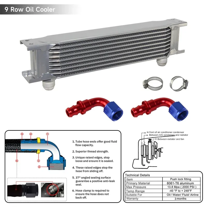 

Масляный радиатор AN10 w/ 90 °, Набор Фитингов 7/9/10 ряда 248 мм 7/8-14 UNF, универсальная Коробка передач двигателя MOCAL Racing, алюминий, серебристый