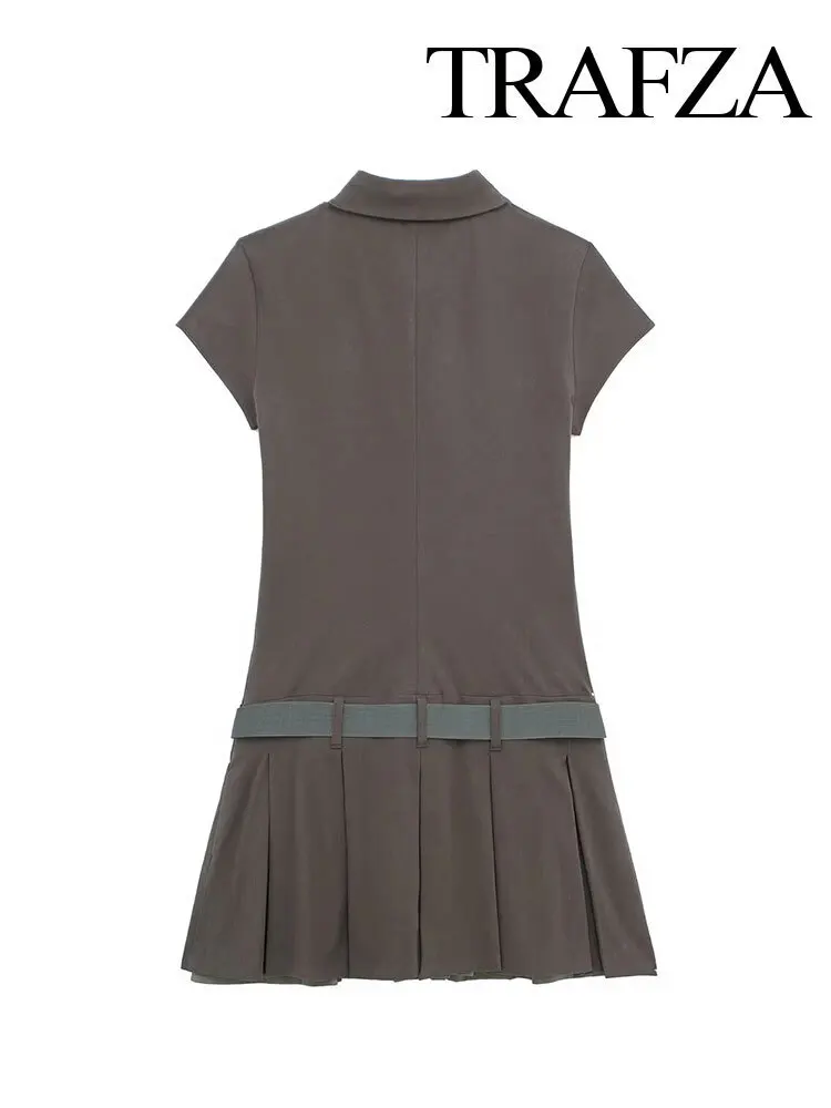 Mini vestido fino plissado de polo feminino, cinto retrô, saia de rua elegante, monocromática, nova moda, primavera