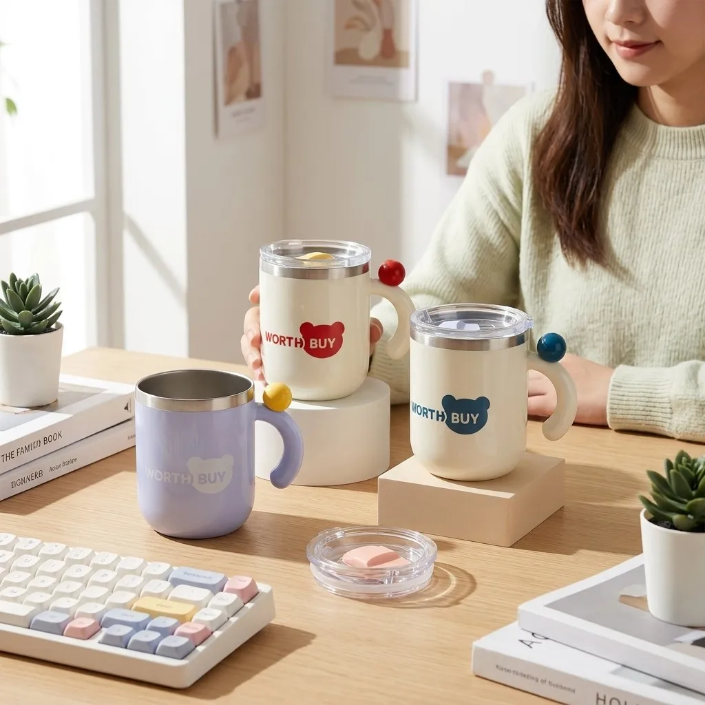 Insulated Coffee Mug with Handle 430ML Cute 316 Stainless Steel Thermal Cup Leakproof Double Wall Travel Tumbler with Lid