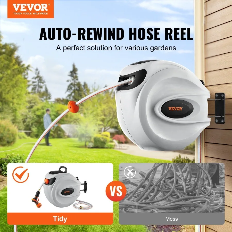Wall-Mounted Retractable Hose Reel 115 ft x 1/2 inch 180 Swivel Bracket Garden Water Hose with 9-Pattern Nozzle Automatic Rewin