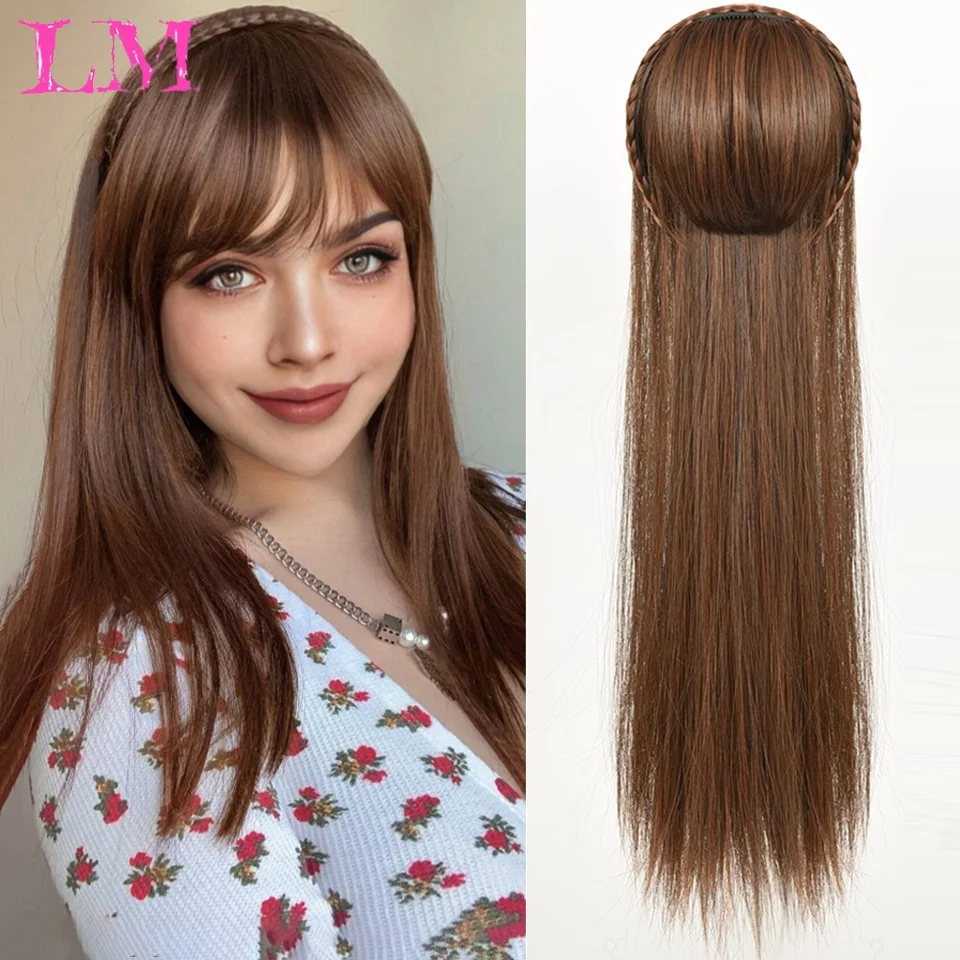 LM Synthetic Brown Wig Braided Headband Wigs With Bangs Integrated Long Straight One Piece Hair Extension For Daily