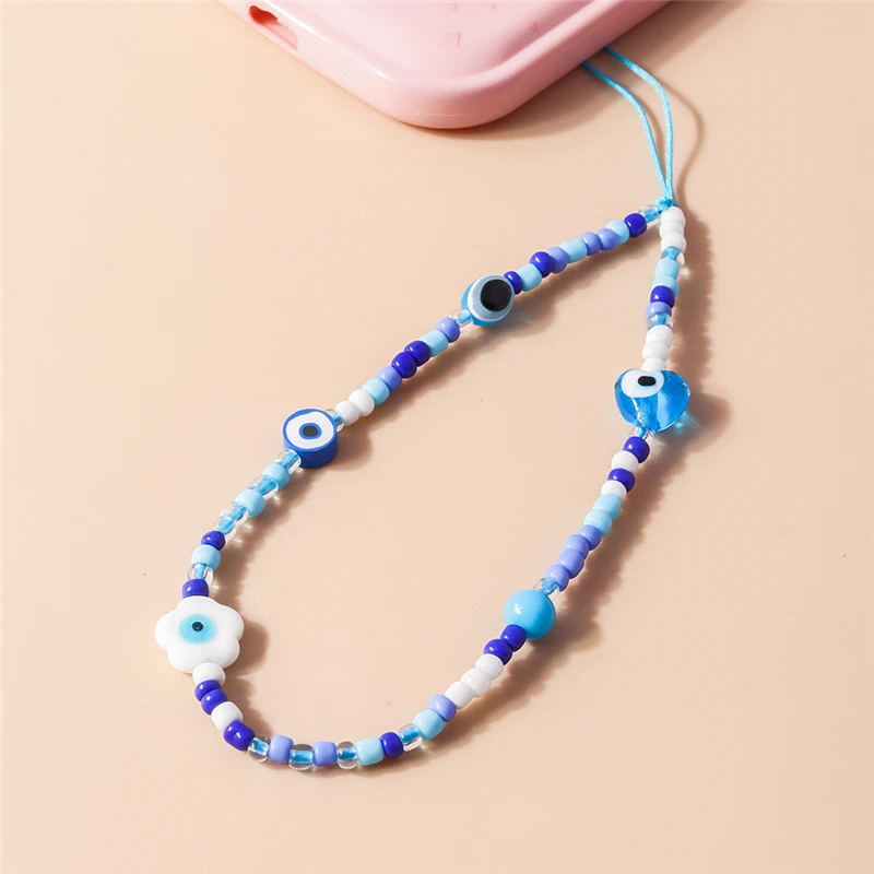 INS Blue Eyes Perlen-Handyband, niedliche Charm-Kette, Blumen-Handy-Lanyard, Schlüsselanhänger, Frau, Mädchen, Taschenanhänger für iPhone-Hülle – Detail 4