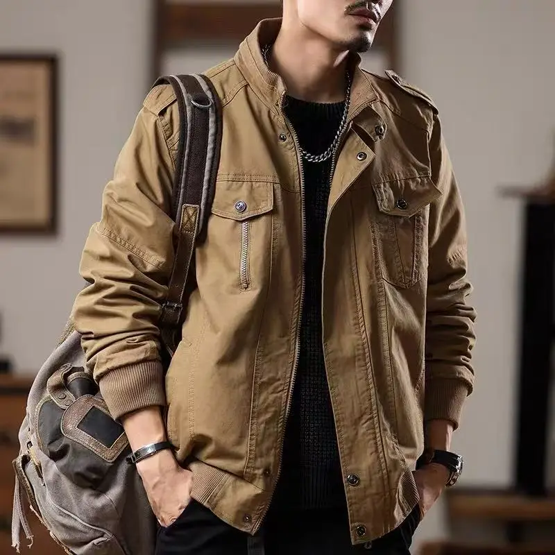 

Free shipping Men's Workwear Jacket Heavyweight Vintage Loose Fit Stand Collar Casual Motorcycle Jacket for Spring Autumn