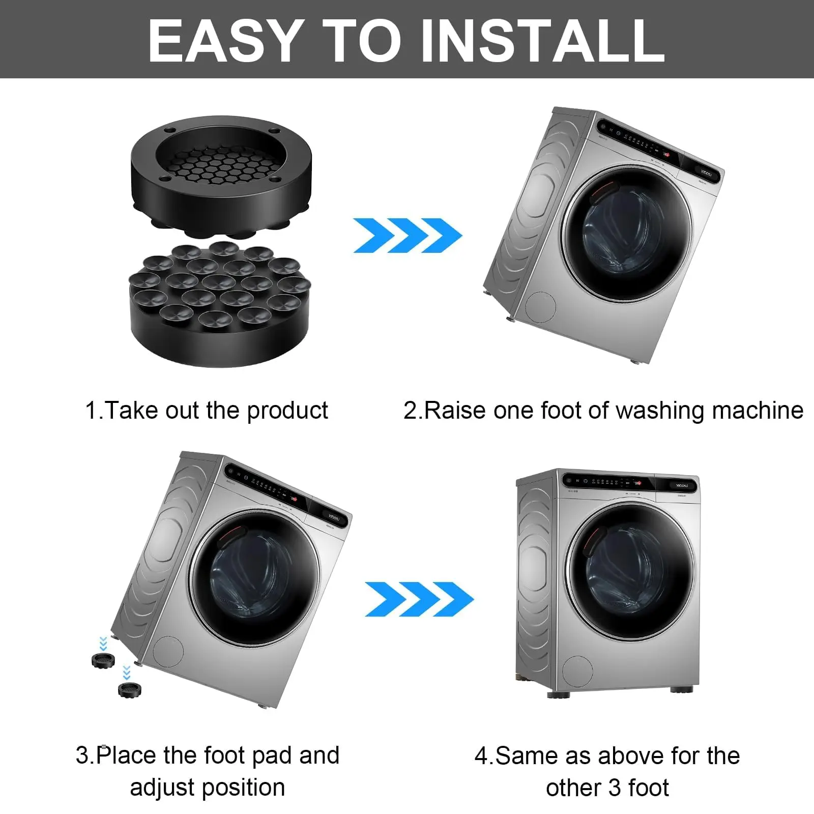 Vibration Damper Washing Machine, Pack of 4 Washing Machine Underlay, Universal Anti Vibration Damper, Rubber Anti-Vibration Mat