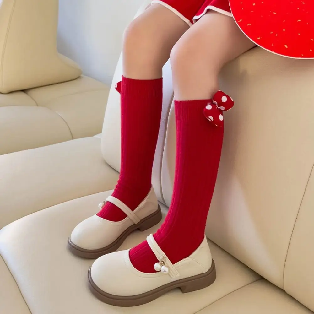 Comfortable Middle Tube New Year Red Socks Thicken Sweet Bow Hosiery for Kids Cotton Princess Sleeping Socks Home Socks