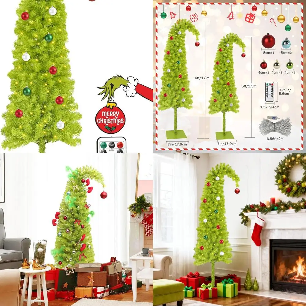 شجرة عيد الميلاد الاصطناعية القابلة للانحناء بطول 5 أقدام باللون الأخضر الليموني مع 150 مصباح LED وقاعدة معدنية وزخارف كروية للمنزل والمكتب