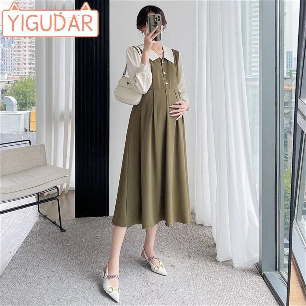 

Pregnant women's autumn winter sweaters medium length Korean version loose fitting pregnant women's plush fashion dress long