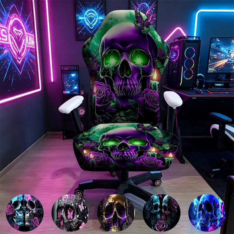 Purple Green Skull & Rose Gaming Chair Cover, Stretch Elastic Anti-Scratch Slipcover for Gamer & Office Chair
