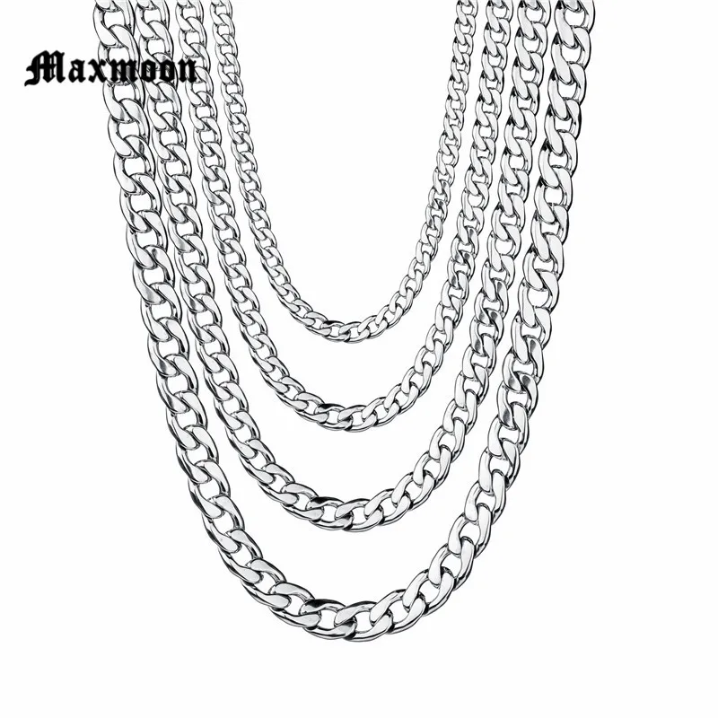 Maxmoon Never Fade 3mm/5mm/7mm/9mm/11mm Stainless Steel Cuban Chain Necklace Waterproof Men Link Curb Chain Gift Jewelry