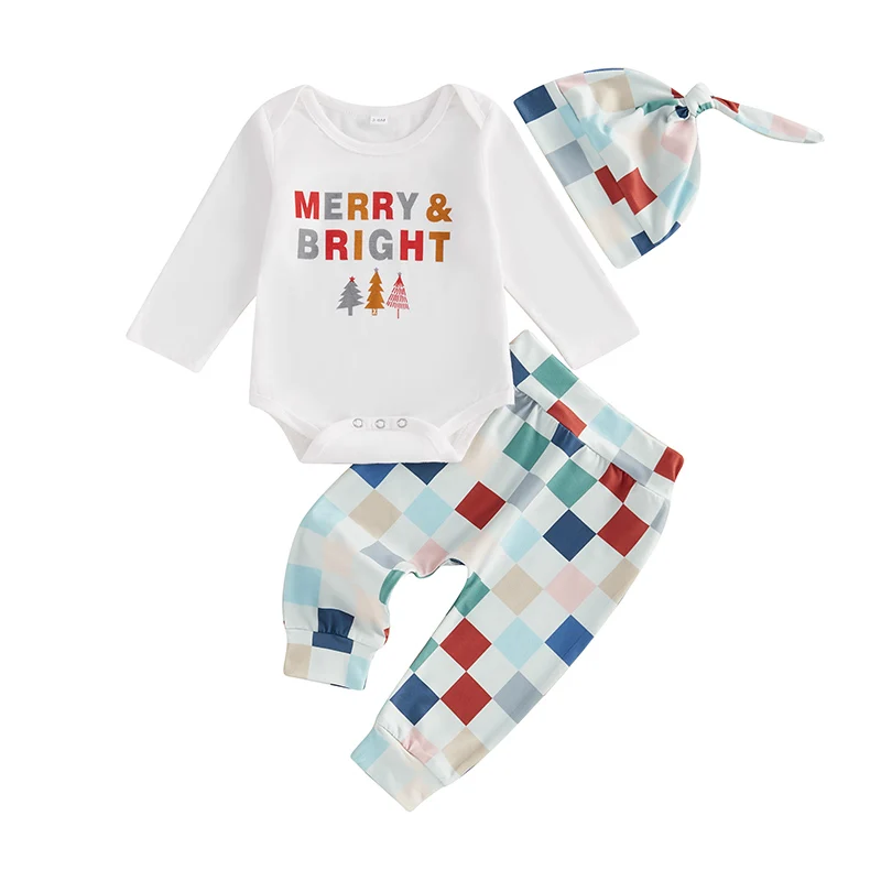 

Baby Christmas Outfits Letter Print Long Sleeve Romper with Plaid Pattern Pants and Hat 3 Pcs Set