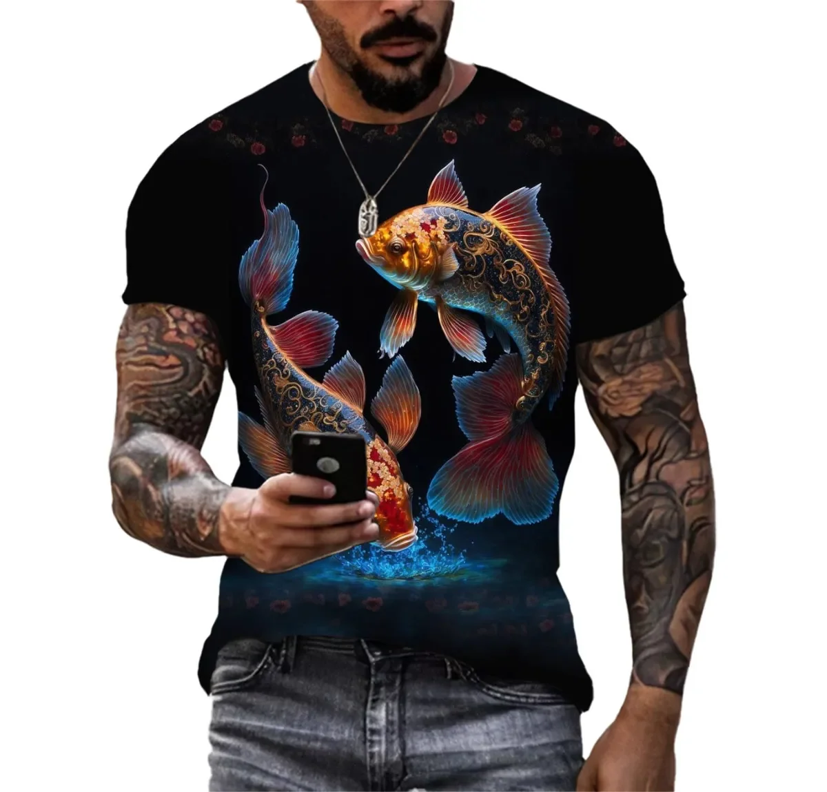 Personality Upscale Koi Men'S 3d Digital Hd Printing Trend Harajuku Style Clothing Large Silhouette O Collar Short Sleeve Shirt