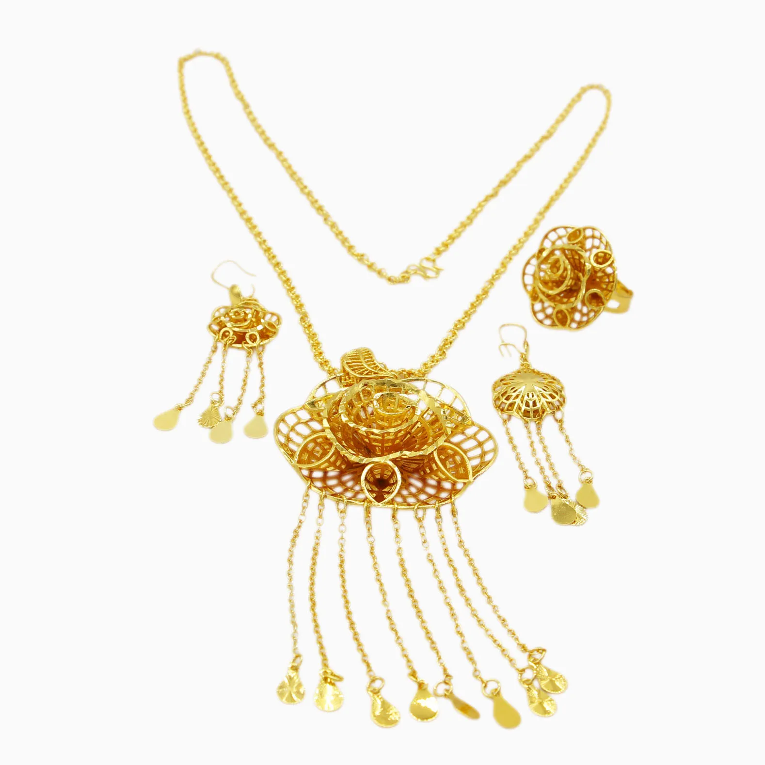 WDZUIAI New Arrival Gold Color Necklace&Earrings&Ring Set Dubai African Arab Women Bridal Wedding Luxury Jewelry Party Gifts