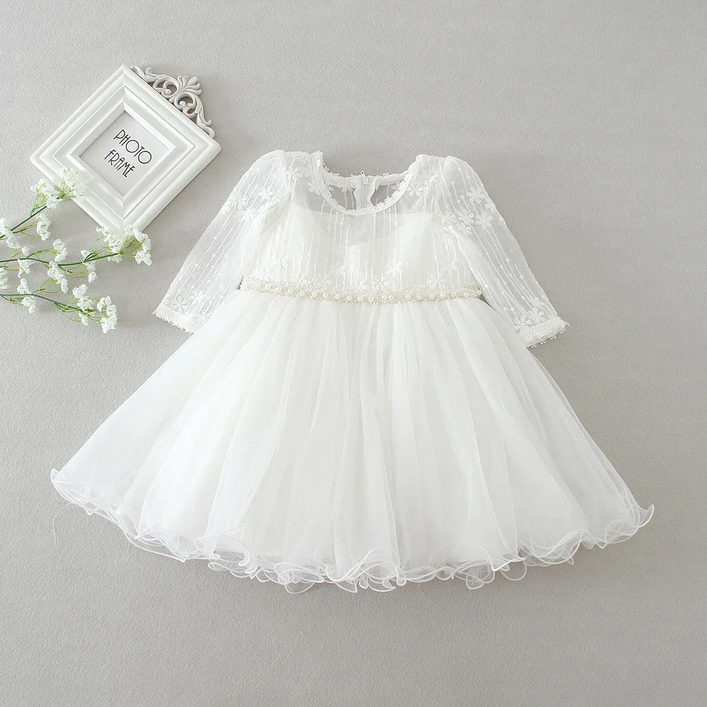 Baby Girl Birthday Party Dresses Kid's Princess Dress Gown Infant White Holiday Clothes Long Sleeves