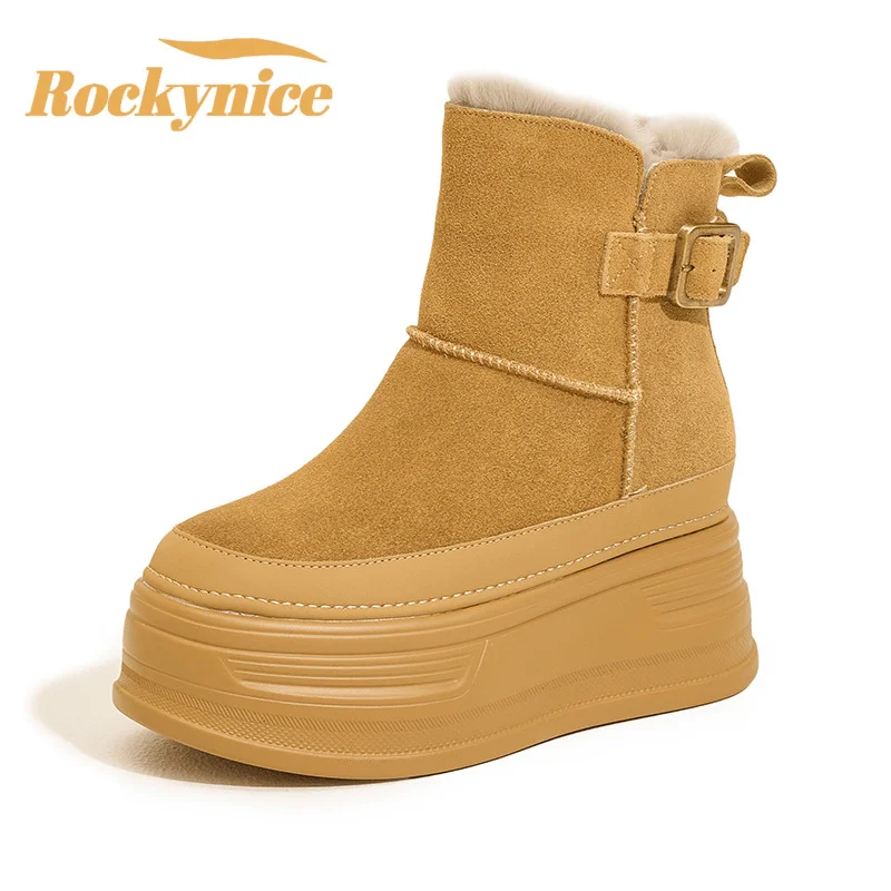 High Platform Genuine Leather Boots for Women 8CM Heels Winter Snow Boots With Fur Non-Slip Warm Cotton Shoes Buckle Ankle Boots