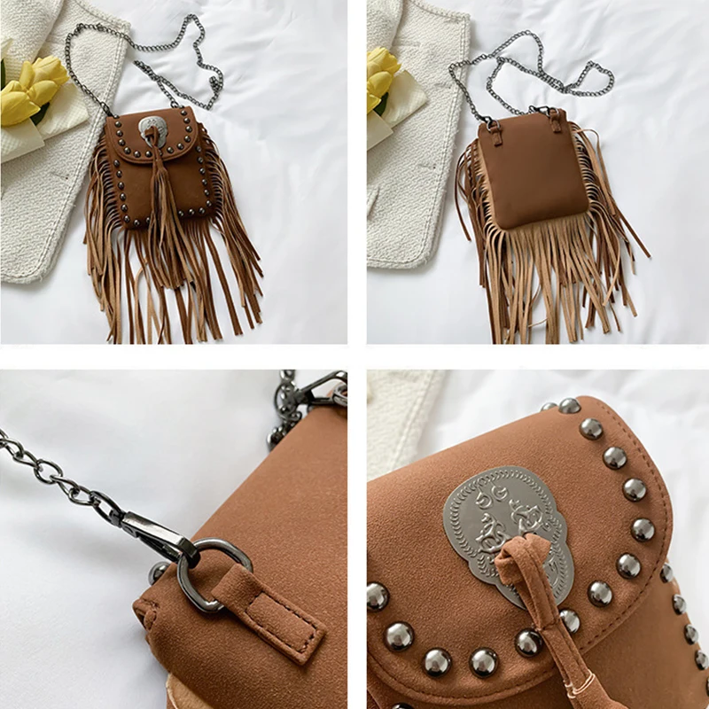 Women\'s Crossbody Bag Vintage Tassel Shoulder Bag For Women Leather Punk Rivet Zipper Wallet Travel