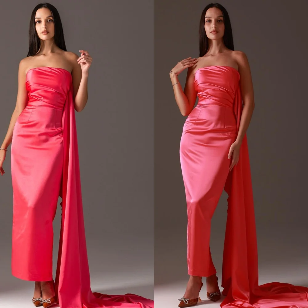 

Customized Delicate Rose red Satin Evening Dress Exquisite Strapless Ribbon Party Dress Court Train Zipper Back Prom Dress