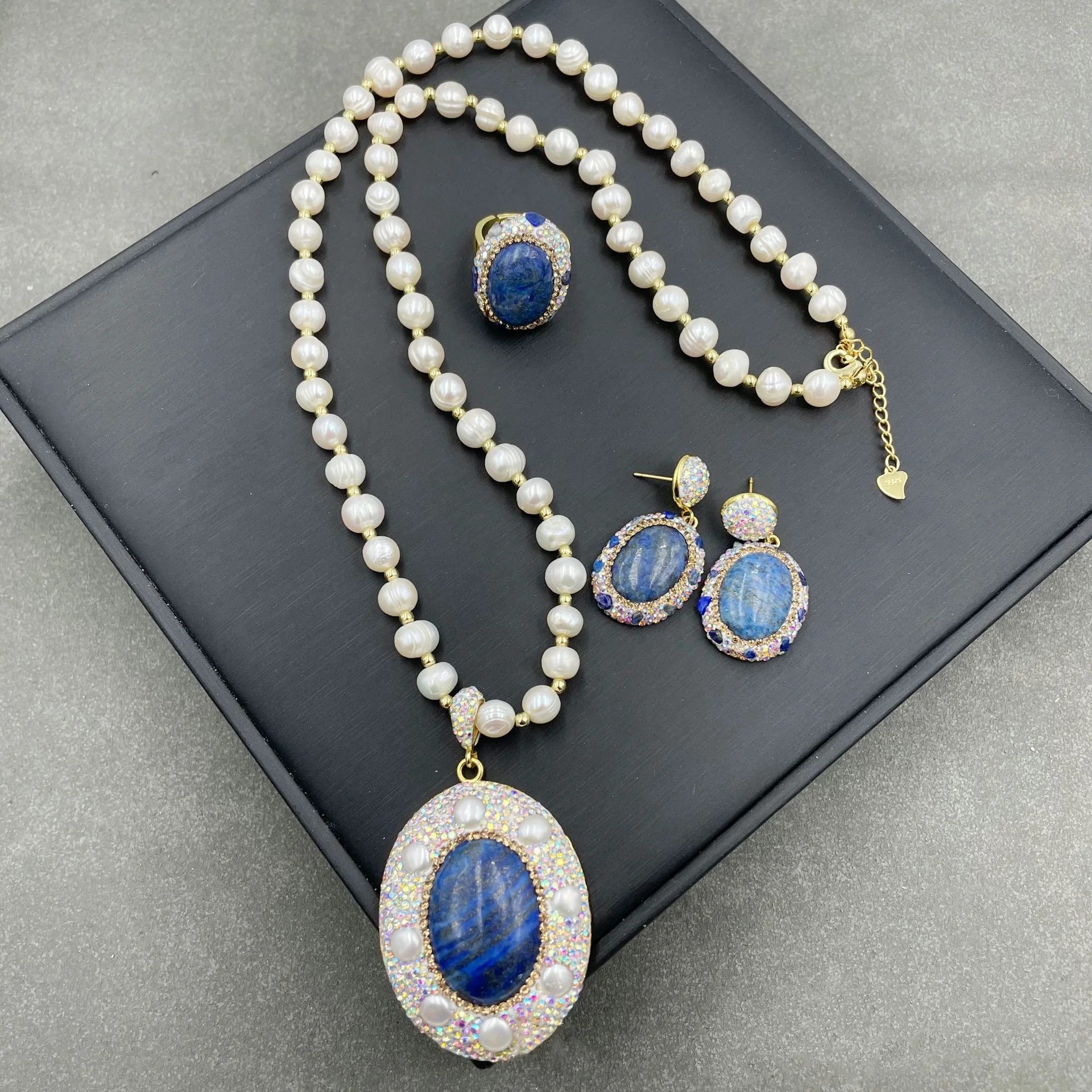 ST020  Natural Gem Lapis Lazuli Freshwater Pearl Zircons Hand Inlaid Around For High End Banquet Elegant Style Jewelry Set