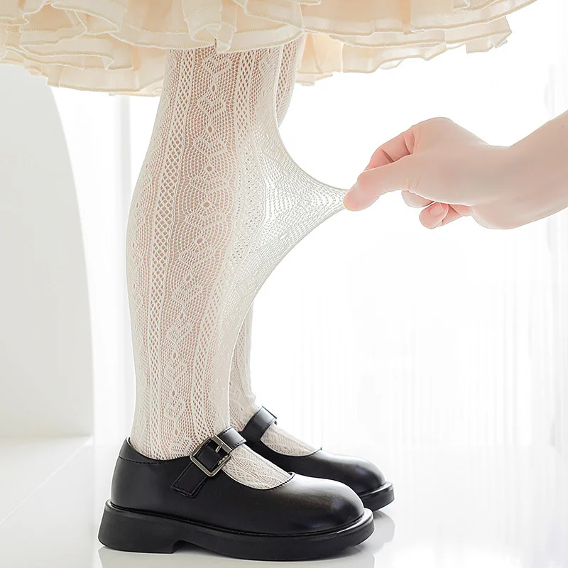New Summer Girls Tights Pure Cotton Breathable Mesh Beige White Black Children Princess Pantyhose Lolita Leggings For 2-12Y image 4