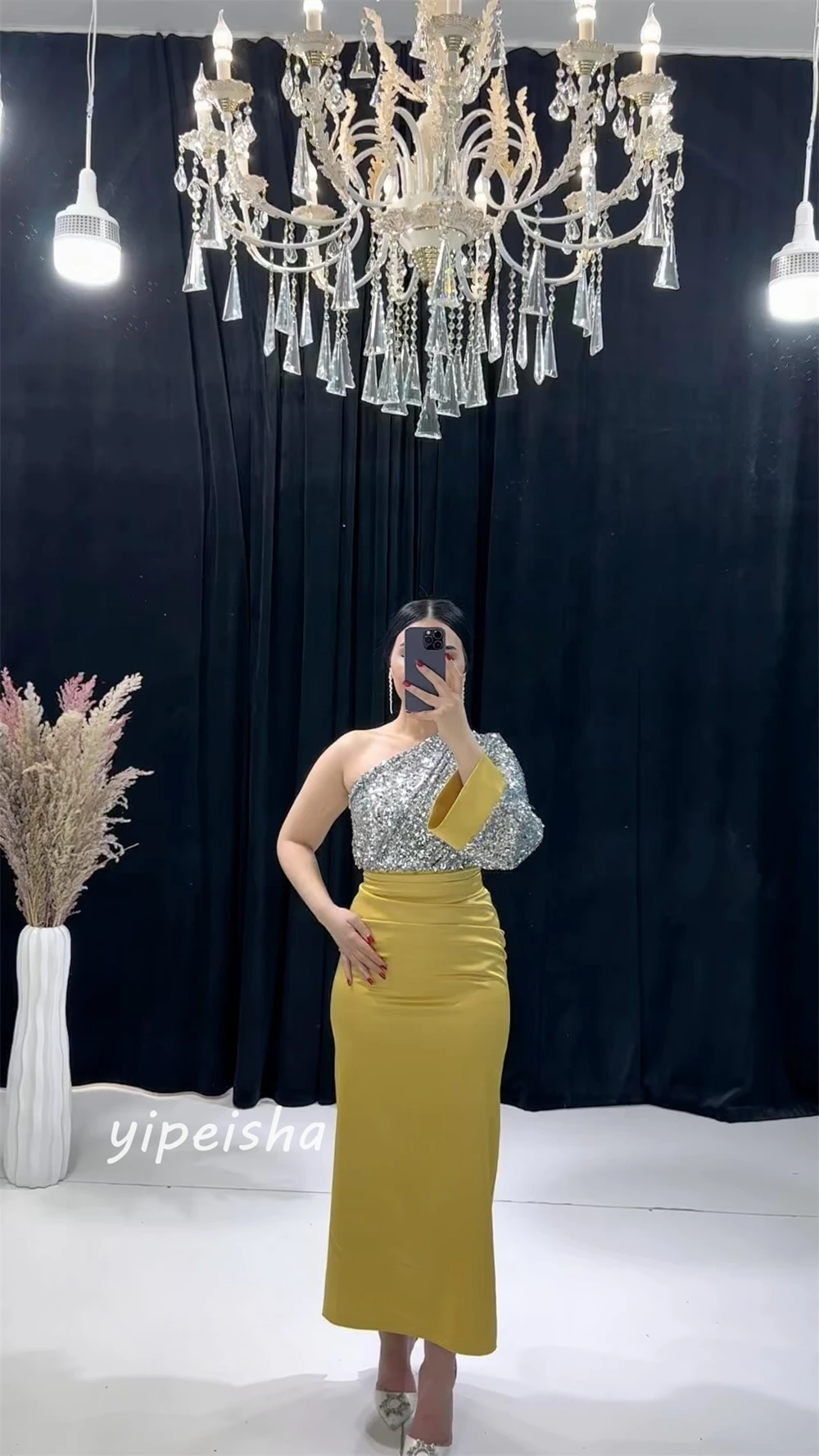 Jersey plisado con lentejuelas para quinceañera, vestido Midi de un hombro a medida para ocasiones