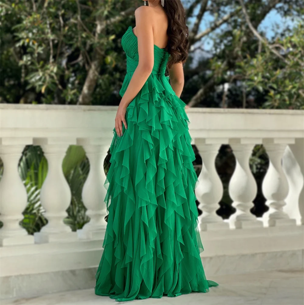 Sweetheart Tiered Ruffles Prom Dresses Chiffon Pleated Corset Sleeveless Backless Formal Evening Gowns A-line Long Ball Gowns