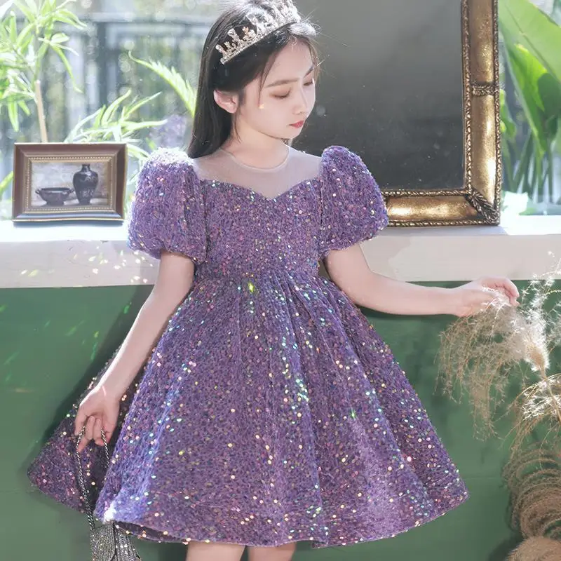 

Blue Sequined Children Dress Girls Princess Dress Birthday One Year Old Baby Girl Sweet Puff Sleeve Princess Dress